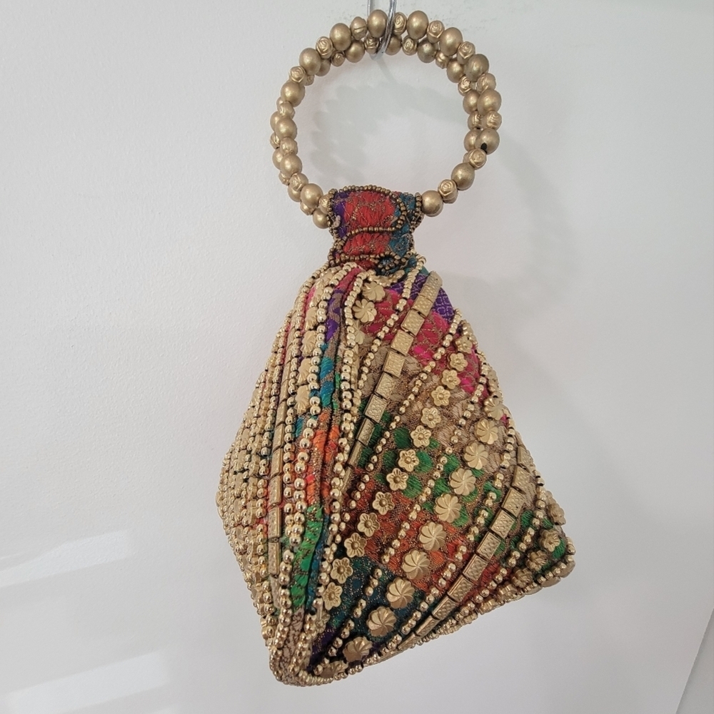 Multi-Colored Fortune Cookie Handbag With Gold Embellishments